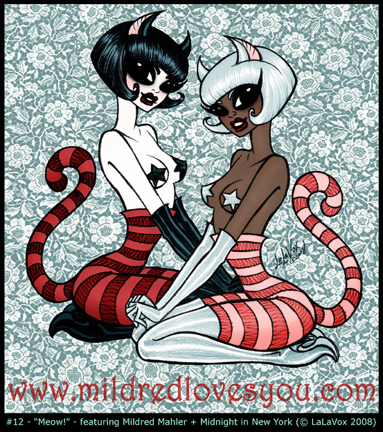 Pin-Up #12 - 'Meow!' - featuring Mildred Mahler and Midnight in New York - a MildredLovesYou.com cartoon pin-up by LaLaVox.