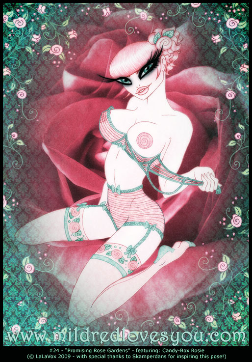 Pin-Up #24 - 'Promising Rose Gardens' - featuring Candy-Box Rosie - a MildredLovesYou.com cartoon pin-up by LaLaVox.