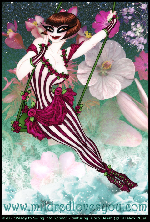 Pin-Up #28 - 'Ready to Swing into Spring' - featuring Coco Delish - a MildredLovesYou.com cartoon pin-up illustration by LaLaVox - (burlesque comic fashion)